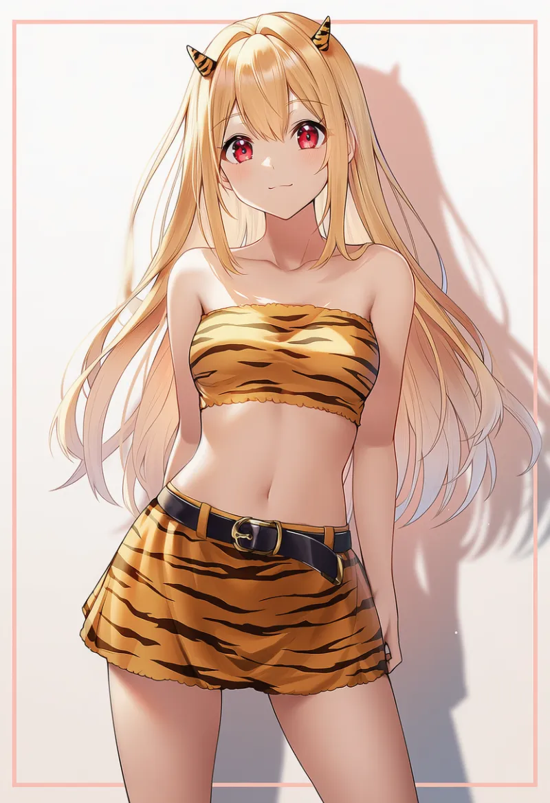 チューブトップとミニスカの鬼コスプレのプロンプト｜AIイラスト作例