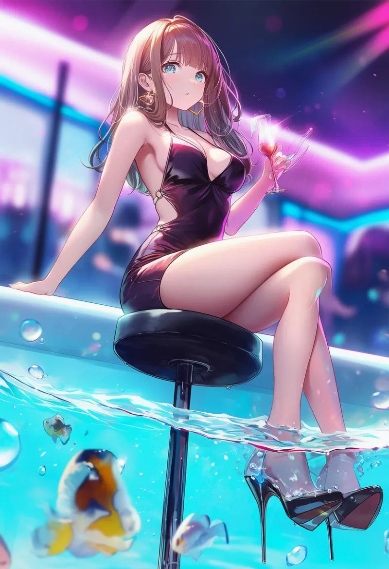 キャラが半分水中にいる基本プロンプト(半水面:partially underwater shot)作例-2