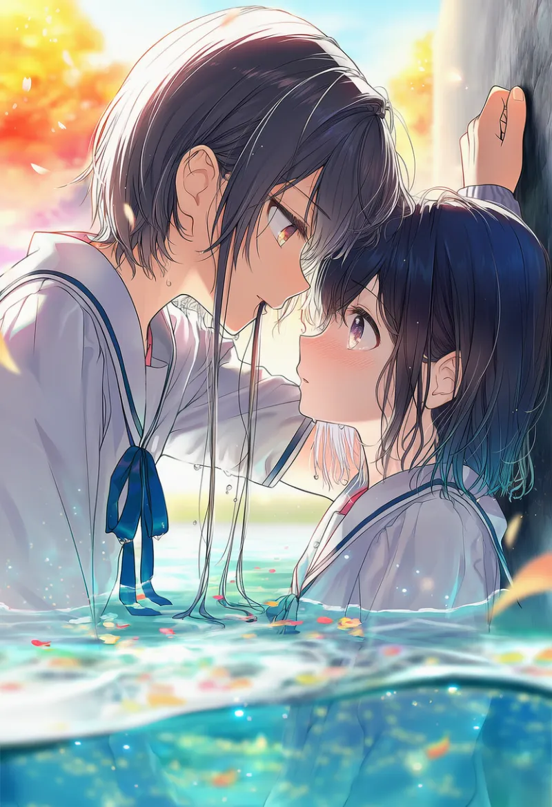 キャラが半分水中にいる基本プロンプト(半水面:partially underwater shot)作例-3