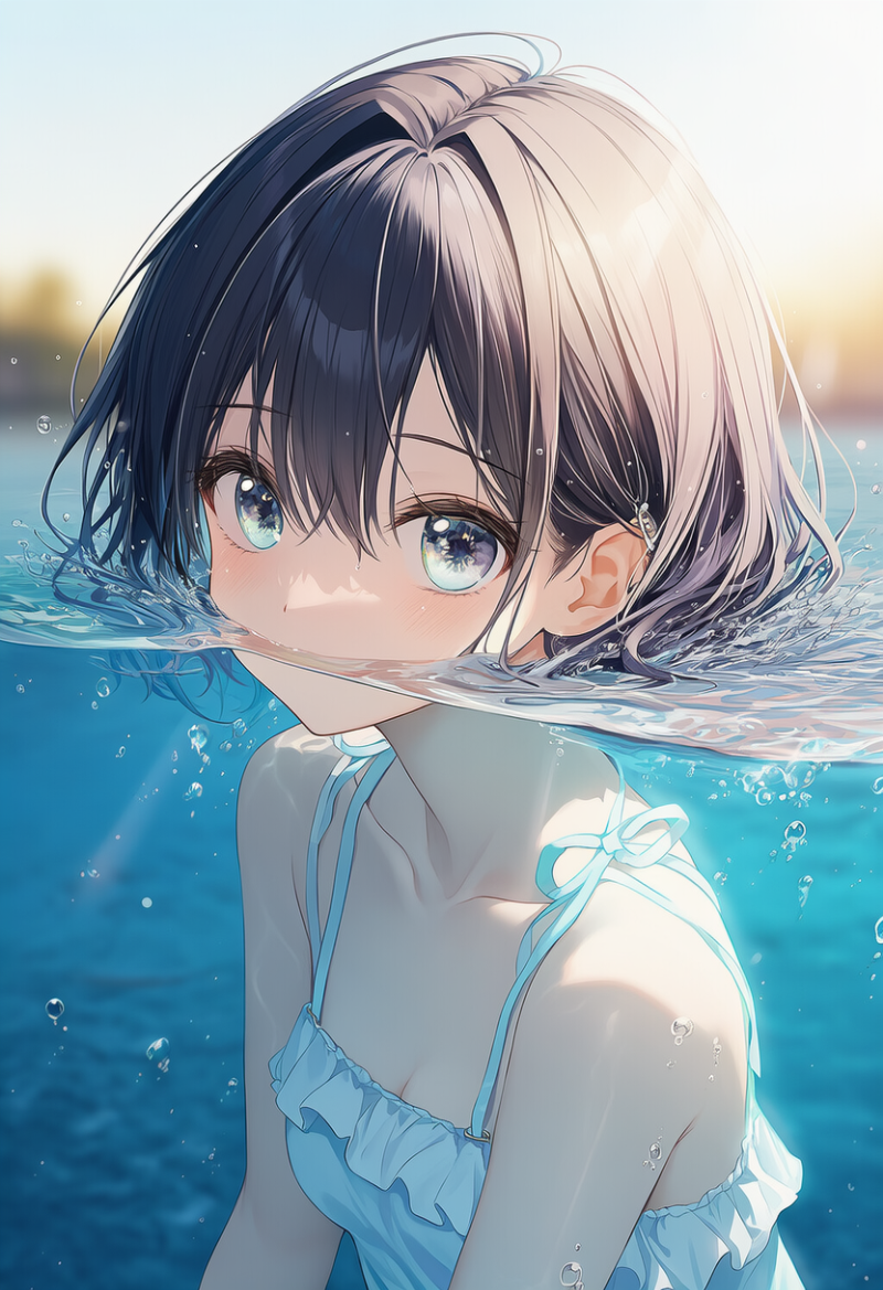 頭から下が水中になる構図を再現するプロンプト例とAIイラスト作例-1