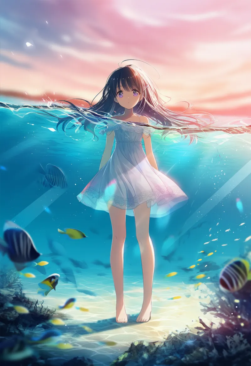 頭から下が水中になる構図を再現するプロンプト例とAIイラスト作例-2