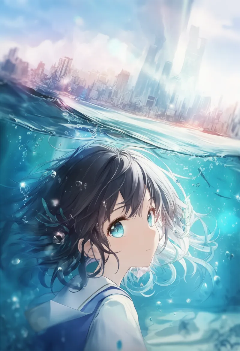 キャラクターを完全に水没させた状態で水面分割するプロンプトとAIイラスト作例-1