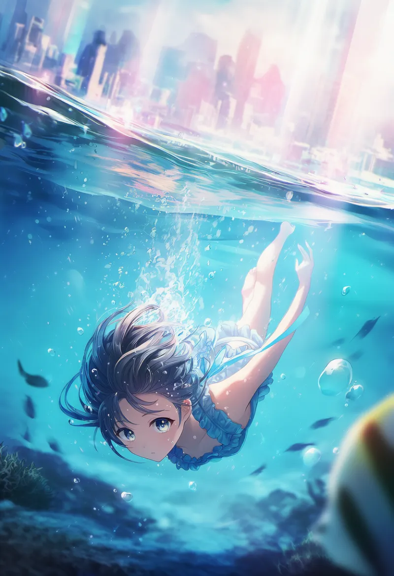 キャラクターを完全に水没させた状態で水面分割するプロンプトとAIイラスト作例-2