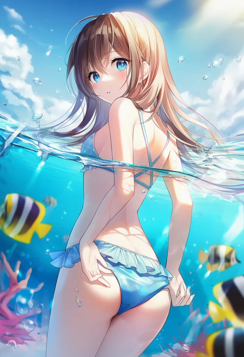 半水面のAIイラスト:海で水着を直す(adjusting swimsuit)仕草をするキャラクター