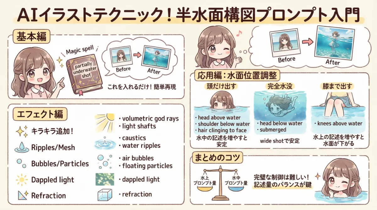 キャラが半分水中にいる構図のプロンプトのまとめ用の図解イラスト