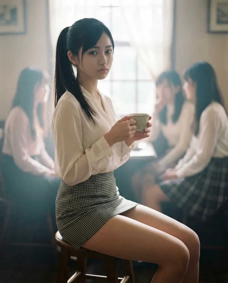 千鳥格子のミニスカートを履いた美女のAI写真の作例｜Nano Banana Pro