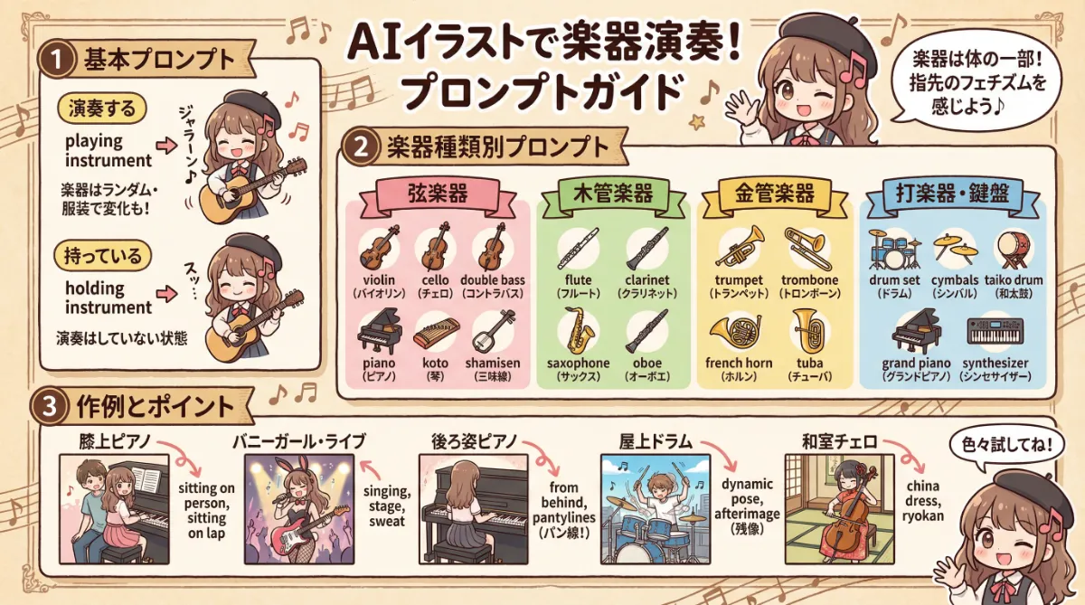 楽器の種類・演奏のプロンプト集の記事のまとめ用の図解イラスト