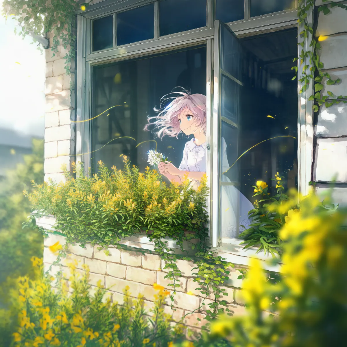 キジムシロの花と美少女のAIイラストの作例