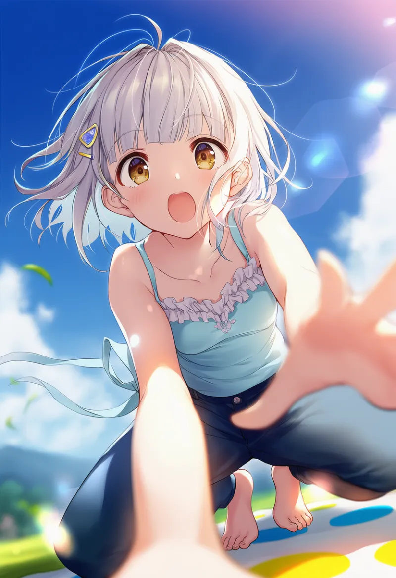 画面に手を伸ばす姿勢|ツイスター系ポーズのプロンプト