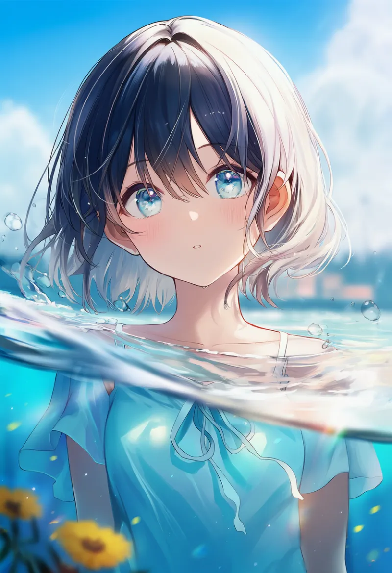 半水面AIイラストに光エフェクト(光の屈折)を加えた作例とプロンプト紹介