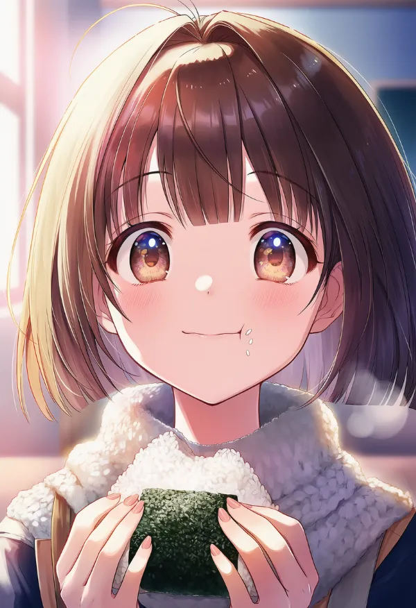 米粒が顔に付いているシーンのAIイラスト|プロンプト紹介