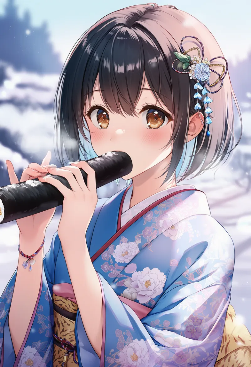 恵方巻きを食べるAIイラスト｜節分の作例