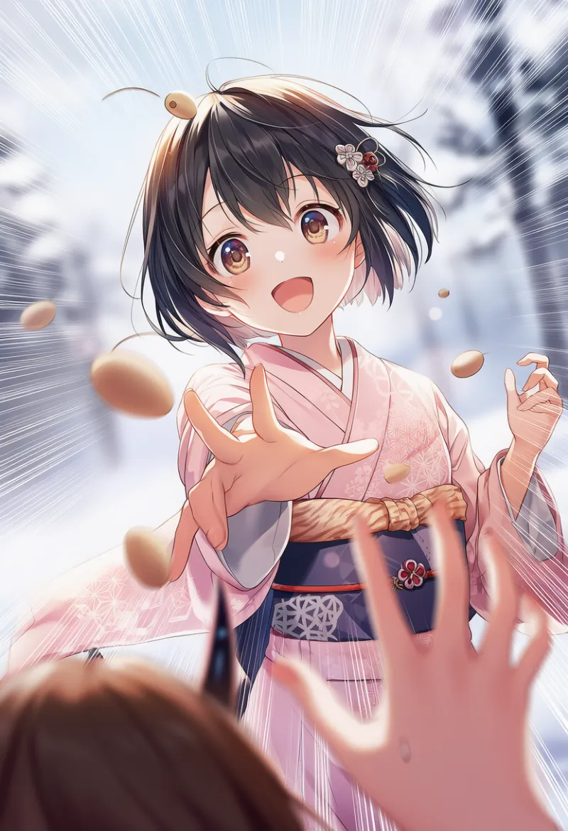 節分の鬼に豆を投げる動作のAIイラストとプロンプト紹介