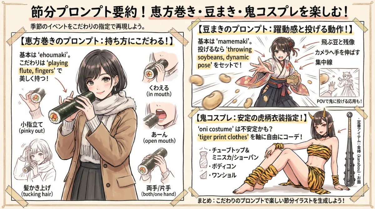 節分のプロンプト（恵方巻き・豆まき・鬼コスプレ）のまとめ用の図解イラスト