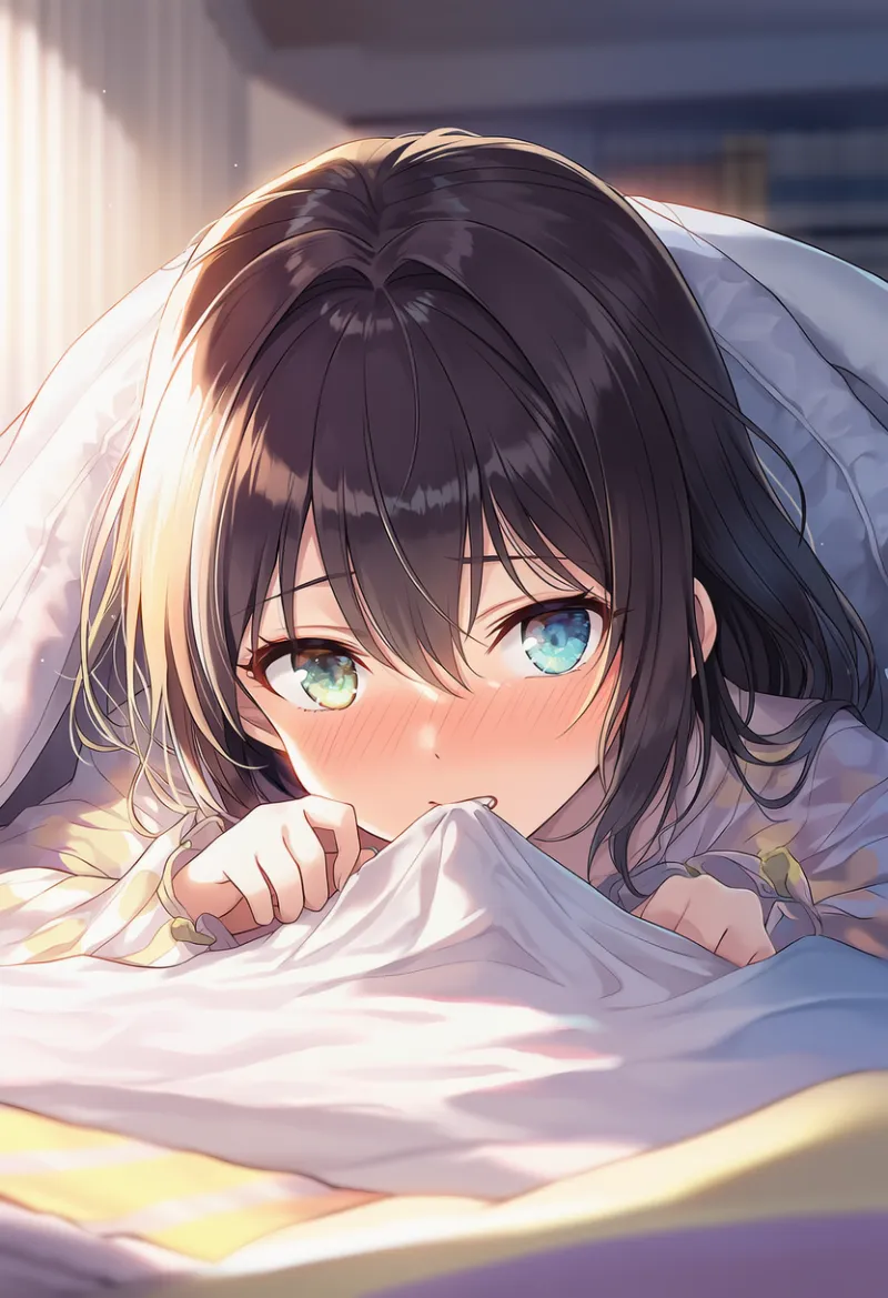 シーツを噛む仕草を再現したAIイラストとプロンプト