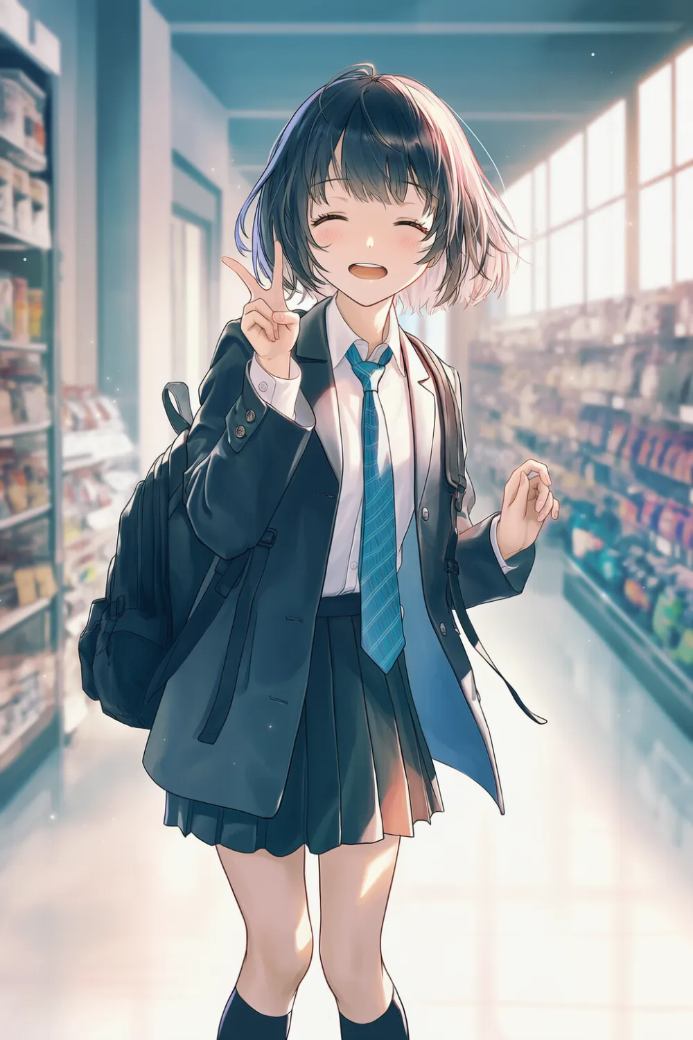 コンビニ店内×制服キャラのAIイラスト作例