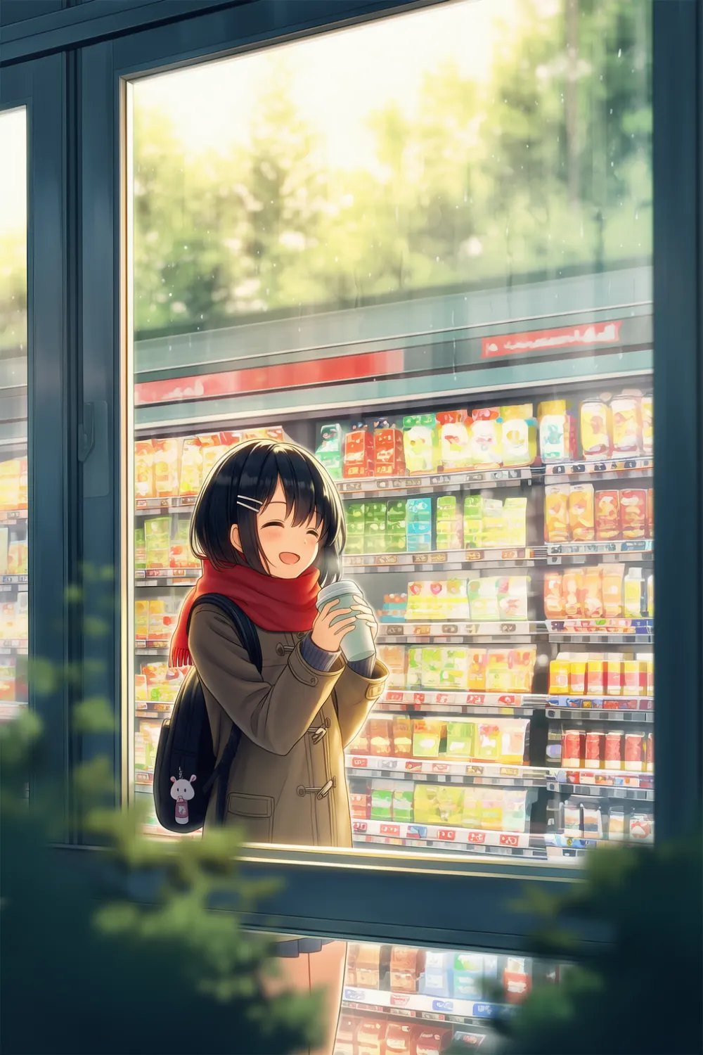 店外から見たコンビニ店内のプロンプトとAIイラスト作例