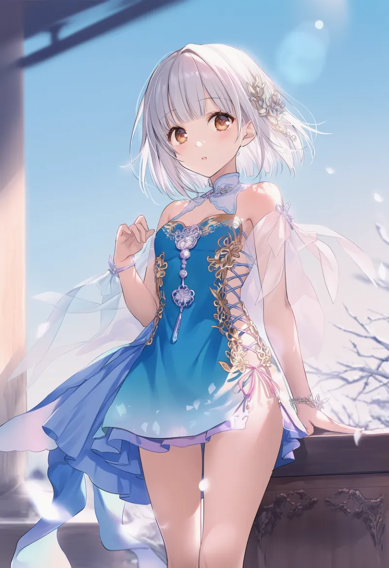 両サイドが大きく開いたドレスのプロンプトとAIイラスト