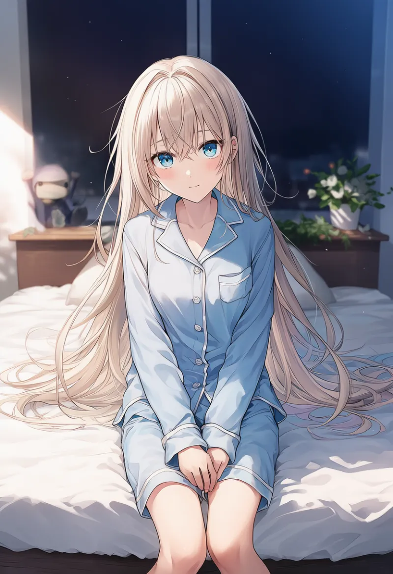 ベッドの端に座る状態を再現したAIイラストとプロンプト