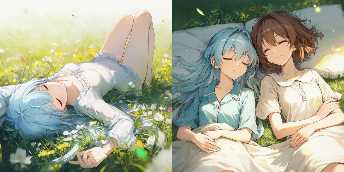 寝る姿勢を指定するプロンプトの紹介用のAIイラスト作例