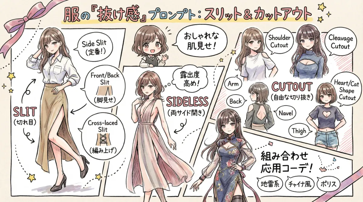 服のスリット・カットアウトのプロンプト集のまとめ用の図解イラスト