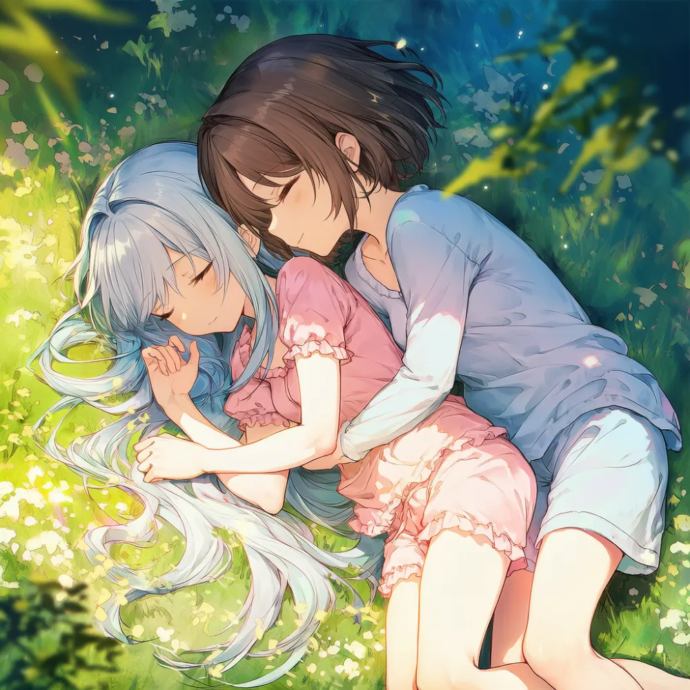 2人で横向きに密着して寝るAI美少女イラスト|プロンプト紹介