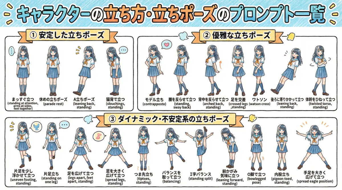 立ち方・立ちポーズのプロンプト一覧の説明用の図解イラスト