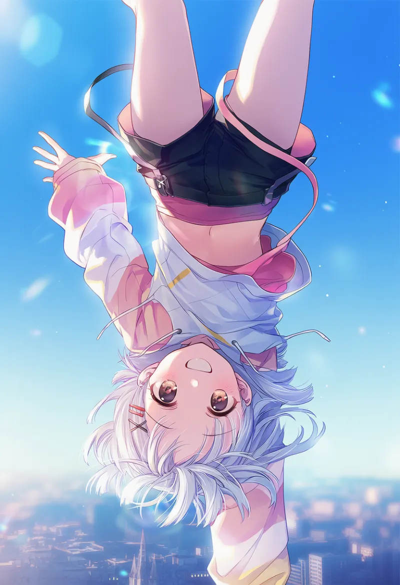 ストリートファッションで倒立している美少女のAIイラスト作例