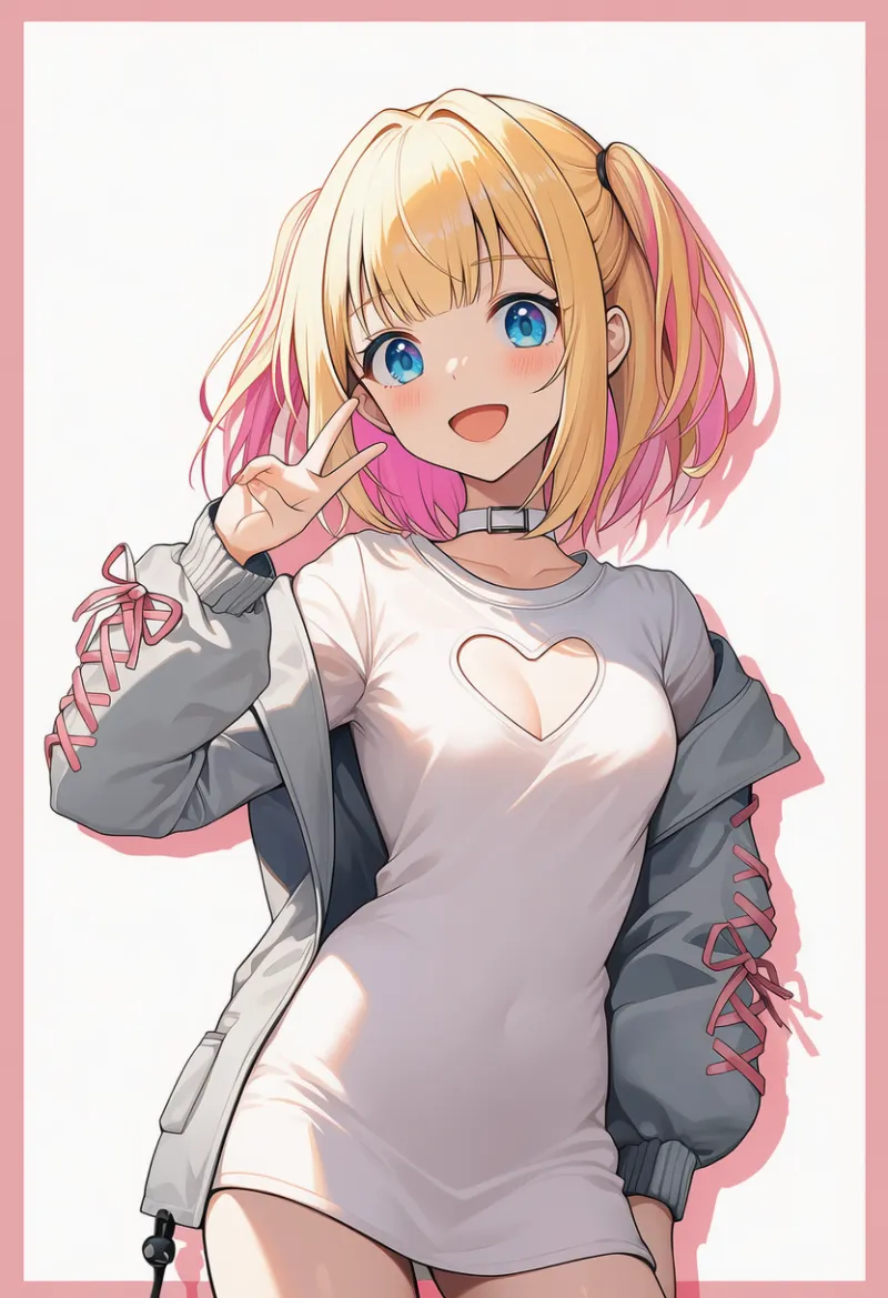 グレージャケット×ハートカット・トップスのストリートコーデ｜ストリートファッションのプロンプト