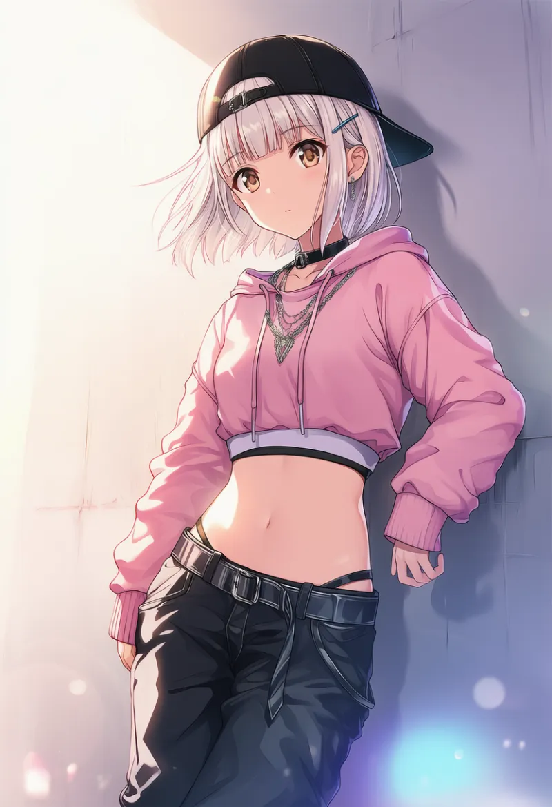 ピンクオーバーフーディのシンプルストリートコーデ｜ストリートファッションのプロンプト