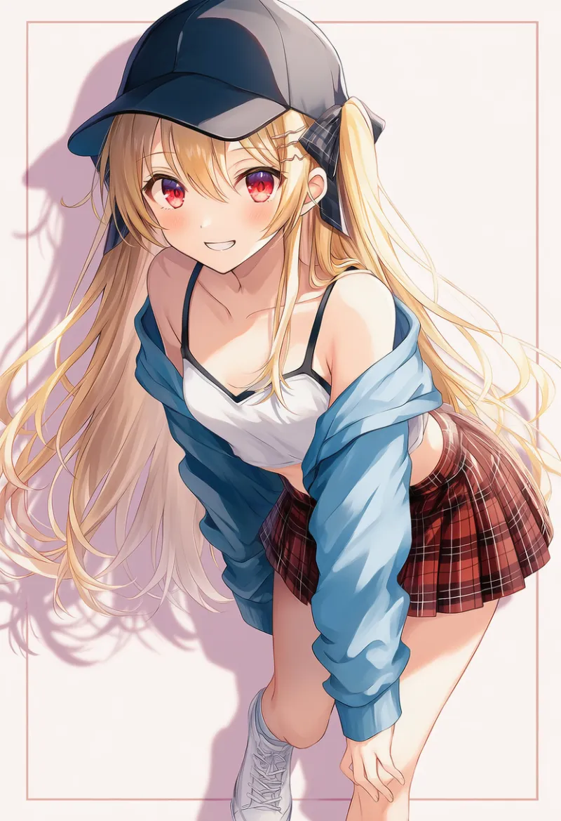 白タンクトップ×水色シャツ×赤ミニスカのストリートカジュアルコーデ｜ストリートファッションのプロンプト