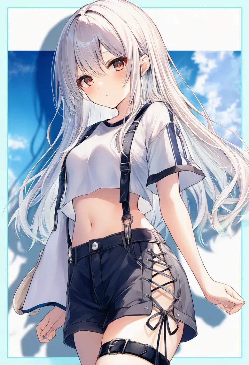 クロスサスペンダー付きショートパンツのストリートコーデ｜ストリートファッションのプロンプト