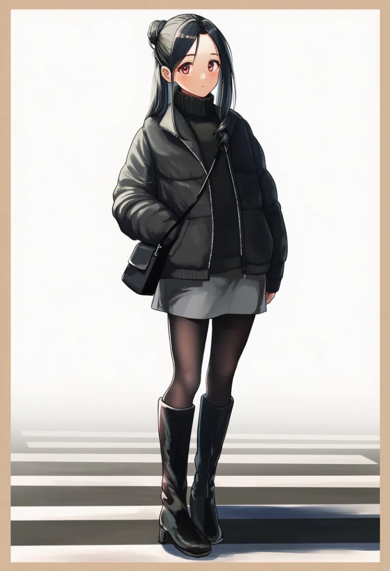 タートルネック×グレーミニスカートの冬向けストリートコーデ｜ストリートファッションのプロンプト