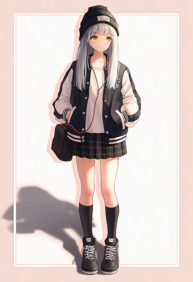 レターマンジャケット×チェックミニスカートのストリートコーデ｜ストリートファッションのプロンプト