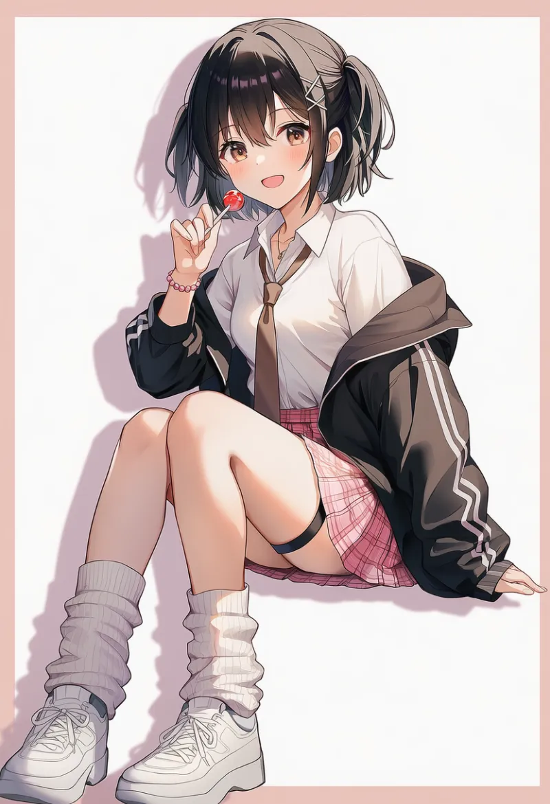 白シャツ×ピンクチェックミニスカートのガーリー・ストリートコーデ｜ストリートファッションのプロンプト