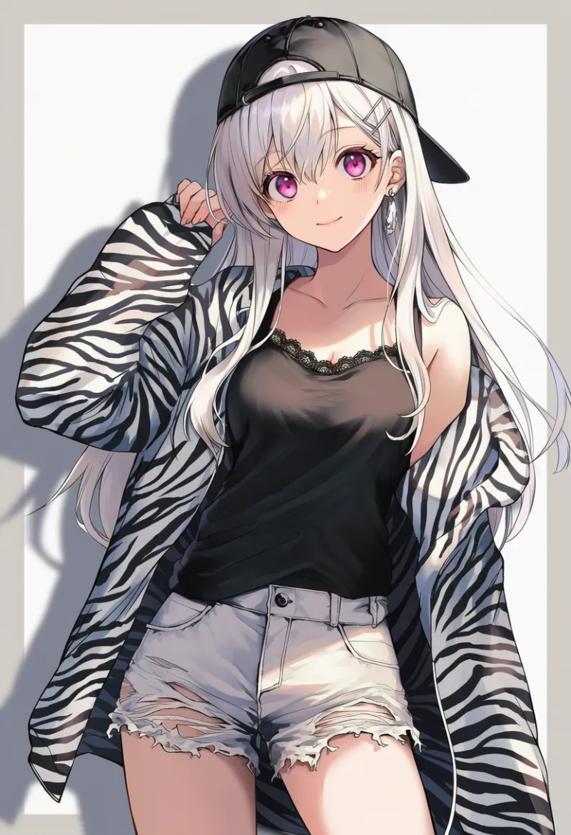 ゼブラ柄ジャケット×ダメージショートパンツのストリートコーデ｜ストリートファッションのプロンプト