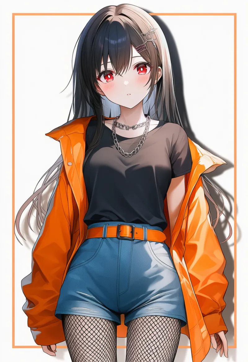 オレンジジャケット×網タイツ×ショートパンツのストリートコーデ｜ストリートファッションのプロンプト
