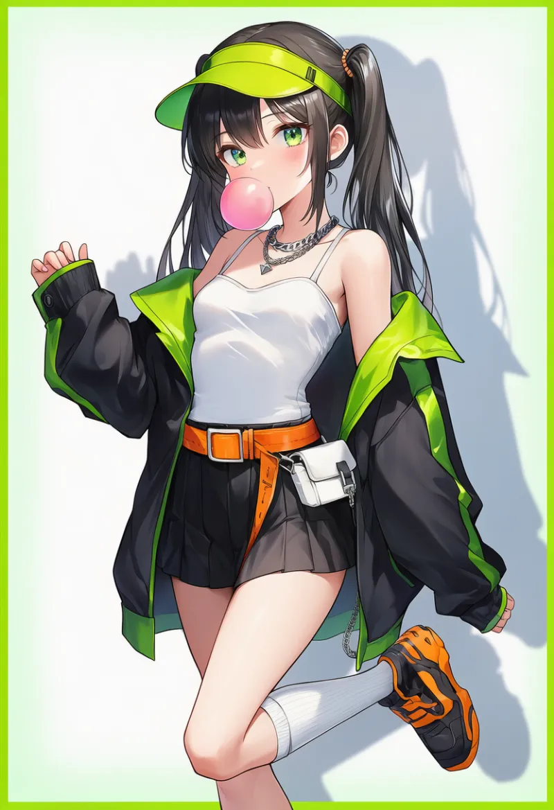 アクセントカラー入りジャケット×マイクロスカートのストリートコーデ｜ストリートファッションのプロンプト