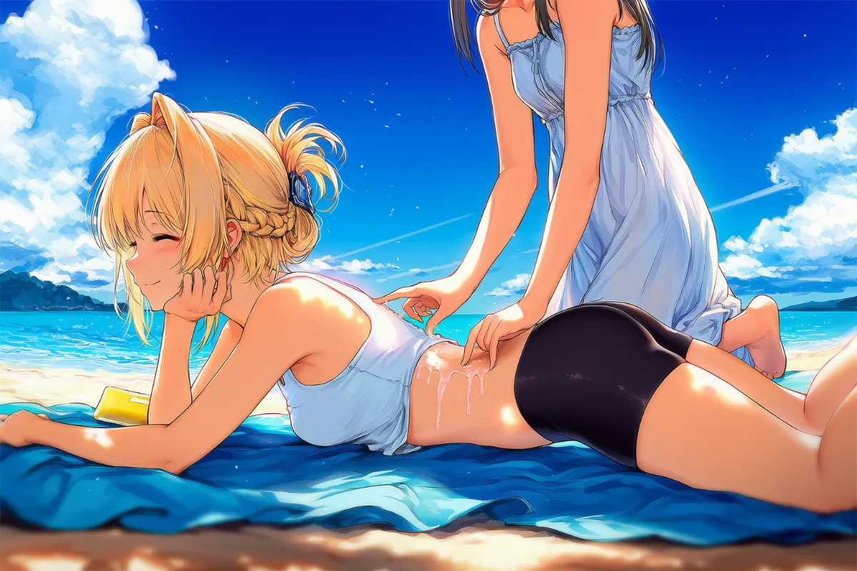 日焼け止めを他人に塗るプロンプト（背中に塗る例）｜AIイラスト作例