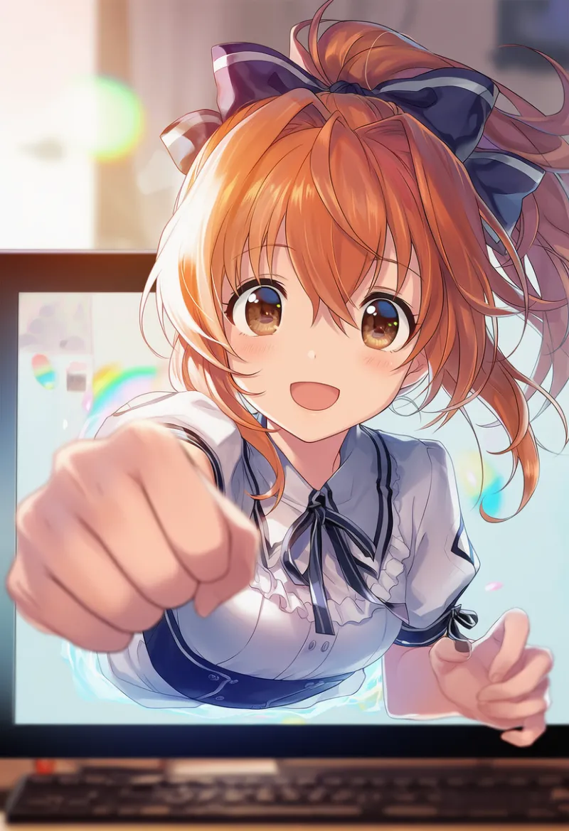 第四の壁からキャラが出てくる:through screen|AIイラスト用プロンプト