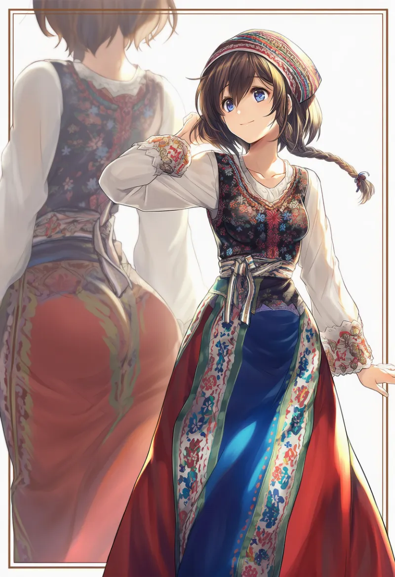 ノルウェーの民族衣装を詳細にデザイン指定するプロンプトによって再現したAIイラストの作例