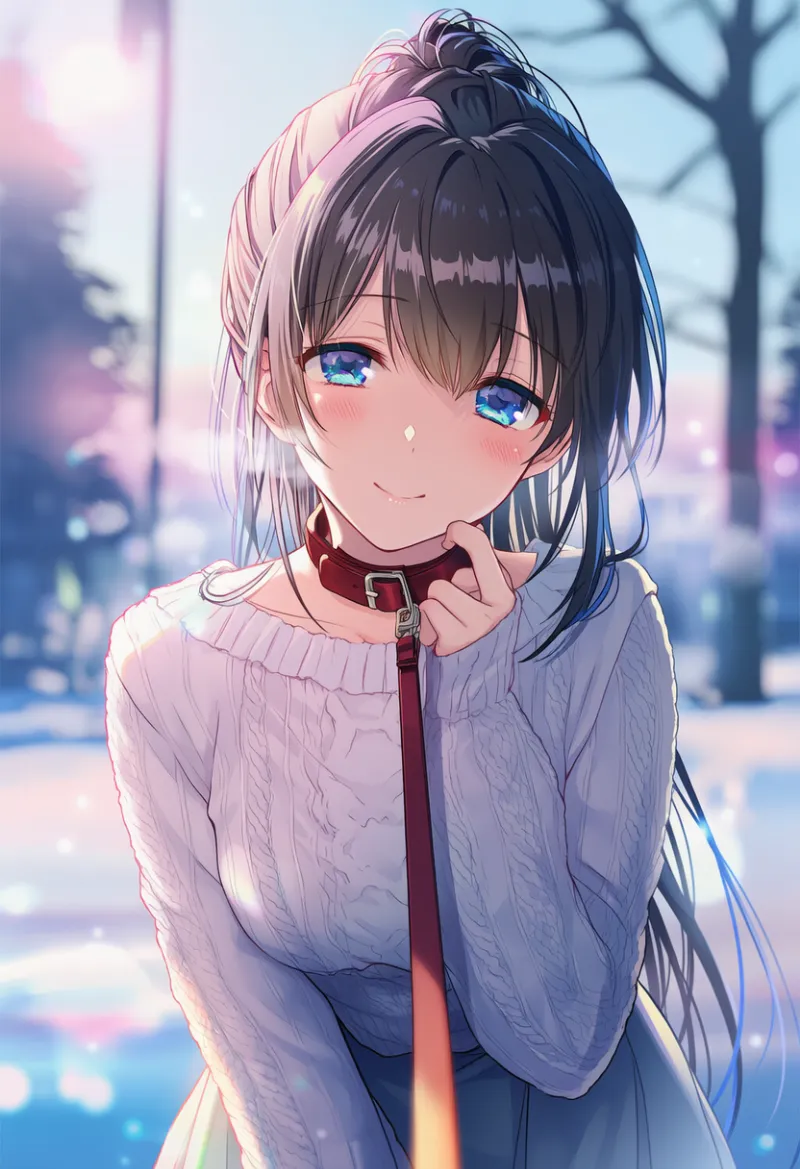 viewerからリードで繋がれる:viewer holding leash, collar|AIイラスト用プロンプト