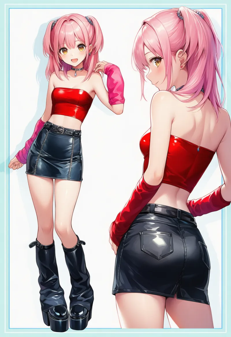 赤チューブトップとレザーミニスカートのファッションコーデ｜y2kファッション