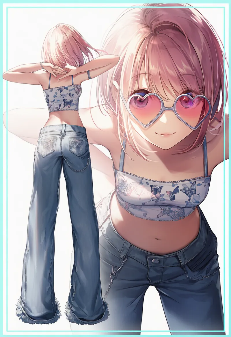 バタフライプリントのローライズへそ出しファッションコーデ｜y2kファッション