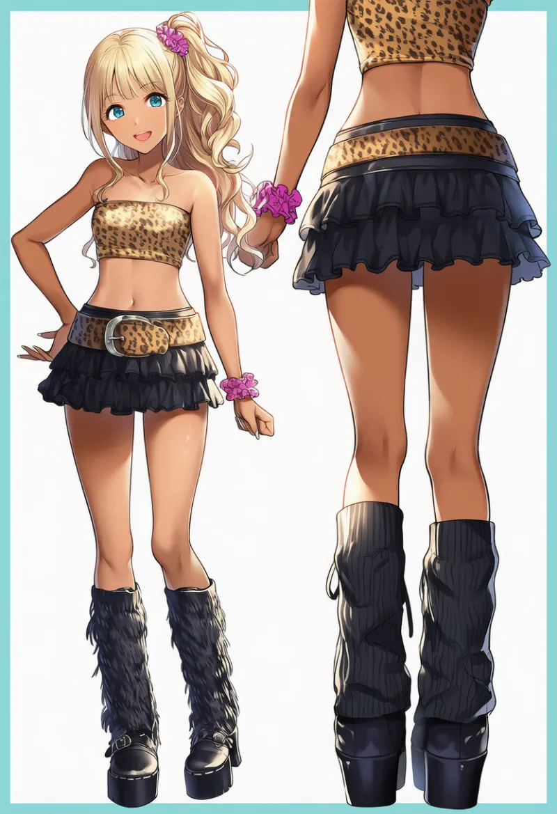 レオパードミニスカートとギャルチューブトップのファッションコーデ｜y2kファッション