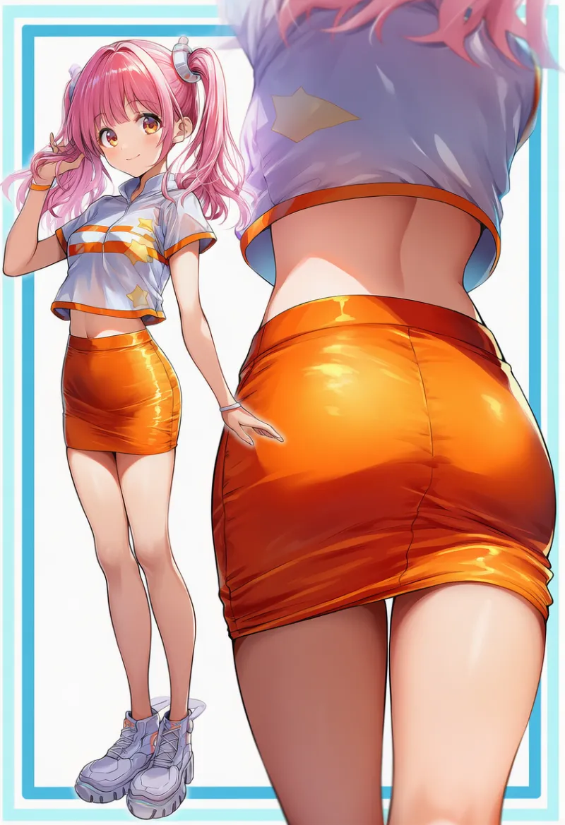 オレンジタイトミニスカートとスタープリントのファッションコーデ｜y2kファッション