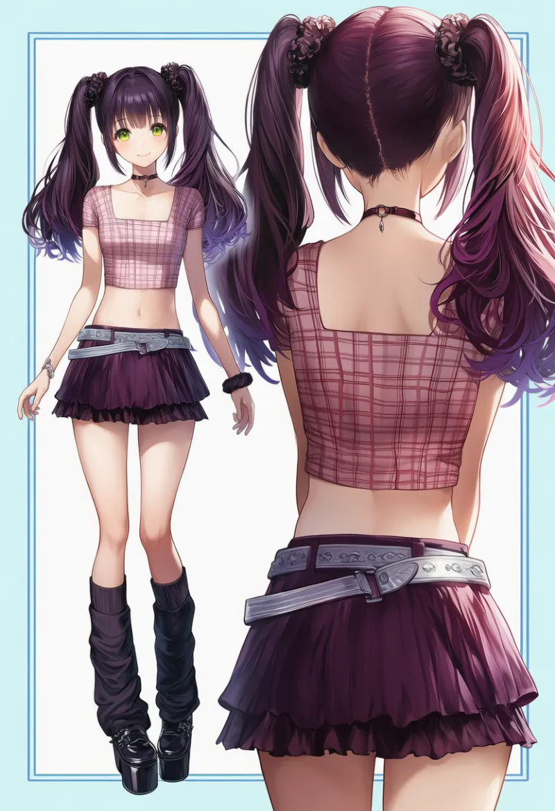 ダークパープルベルベットミニスカートとチェッククロップのファッションコーデ｜y2kファッション