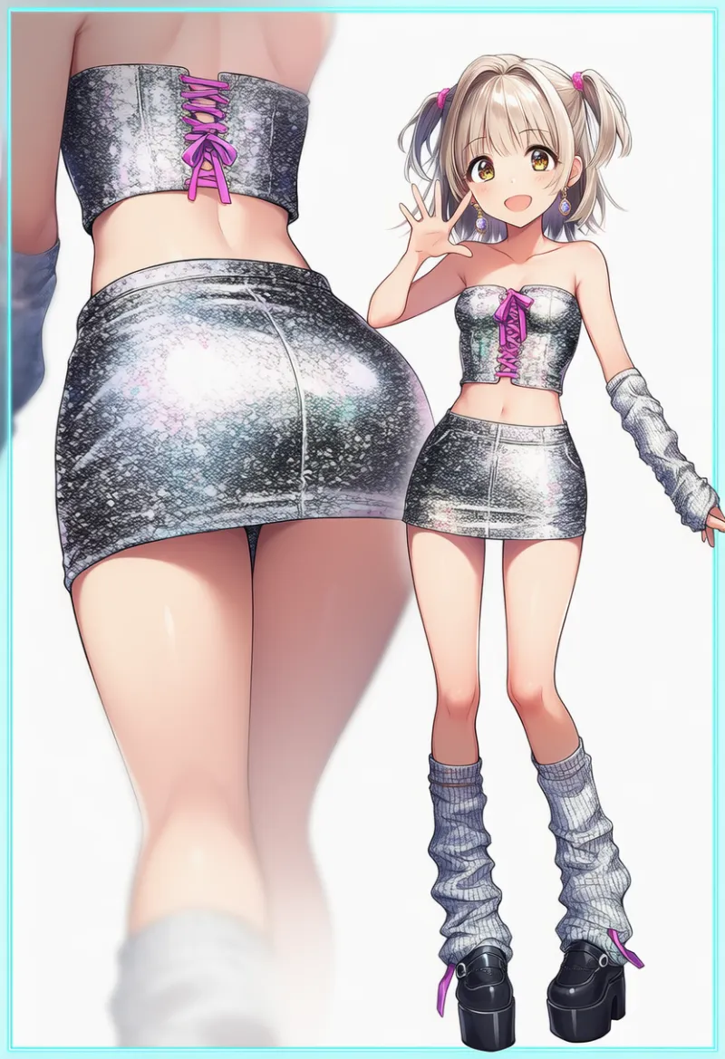 シルバーメタリックチューブとスパンコールスカートのファッションコーデ｜y2kファッション