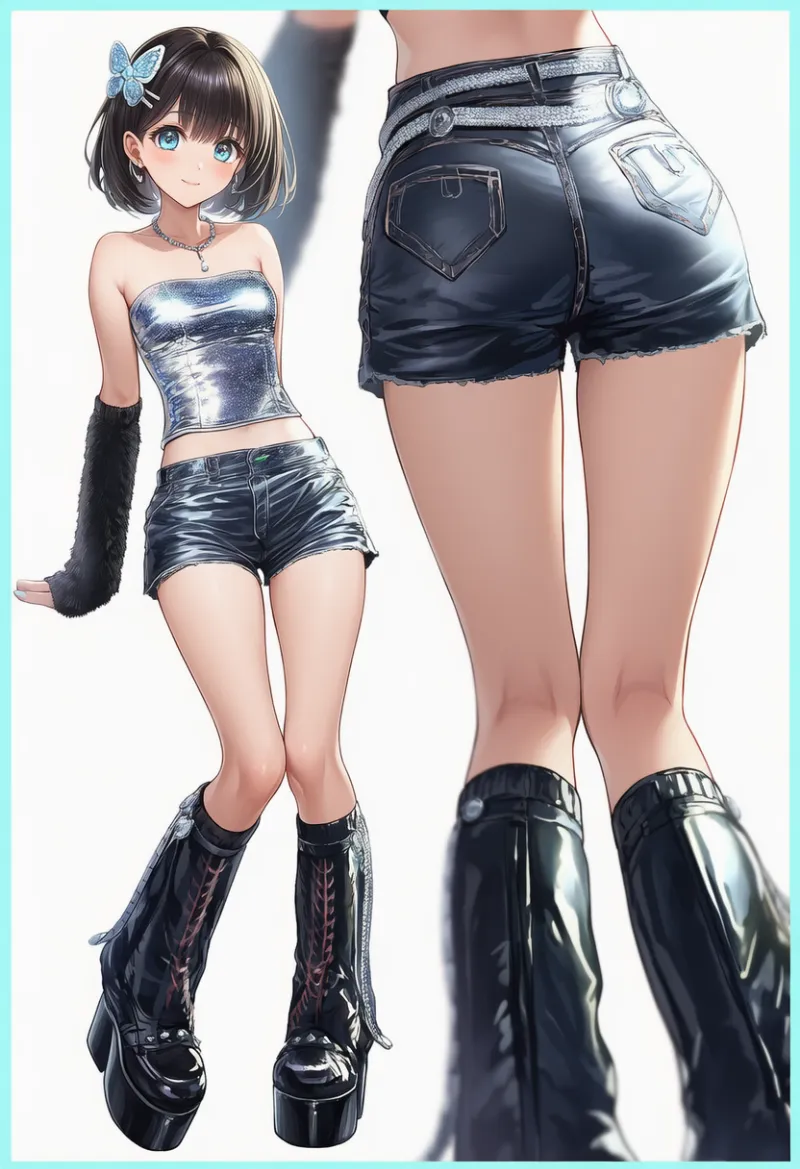 チューブトップとメタリックショーパンのファッションコーデ｜y2kファッション