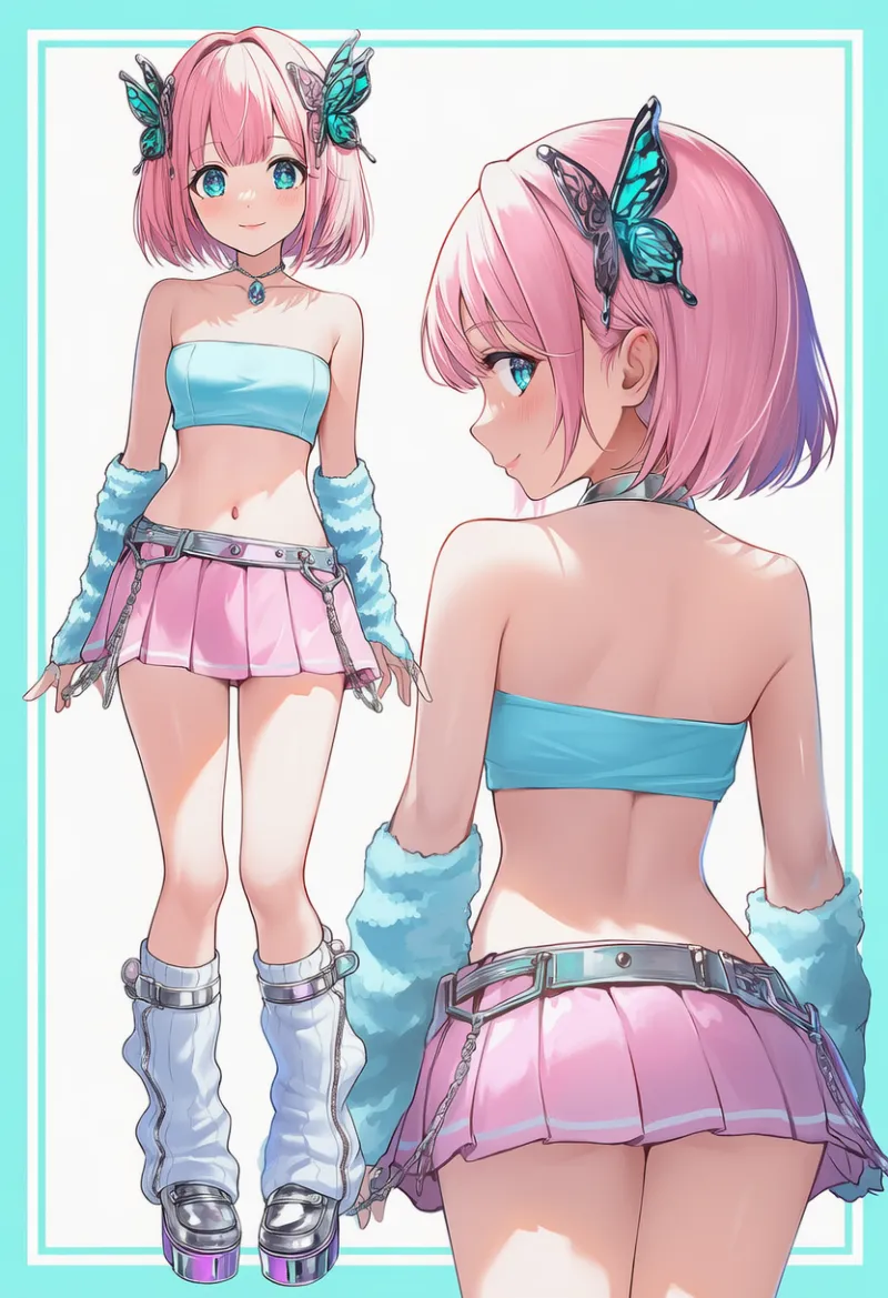 パステルピンクプリーツミニスカートとライトブルーチューブのファッションコーデ｜y2kファッション